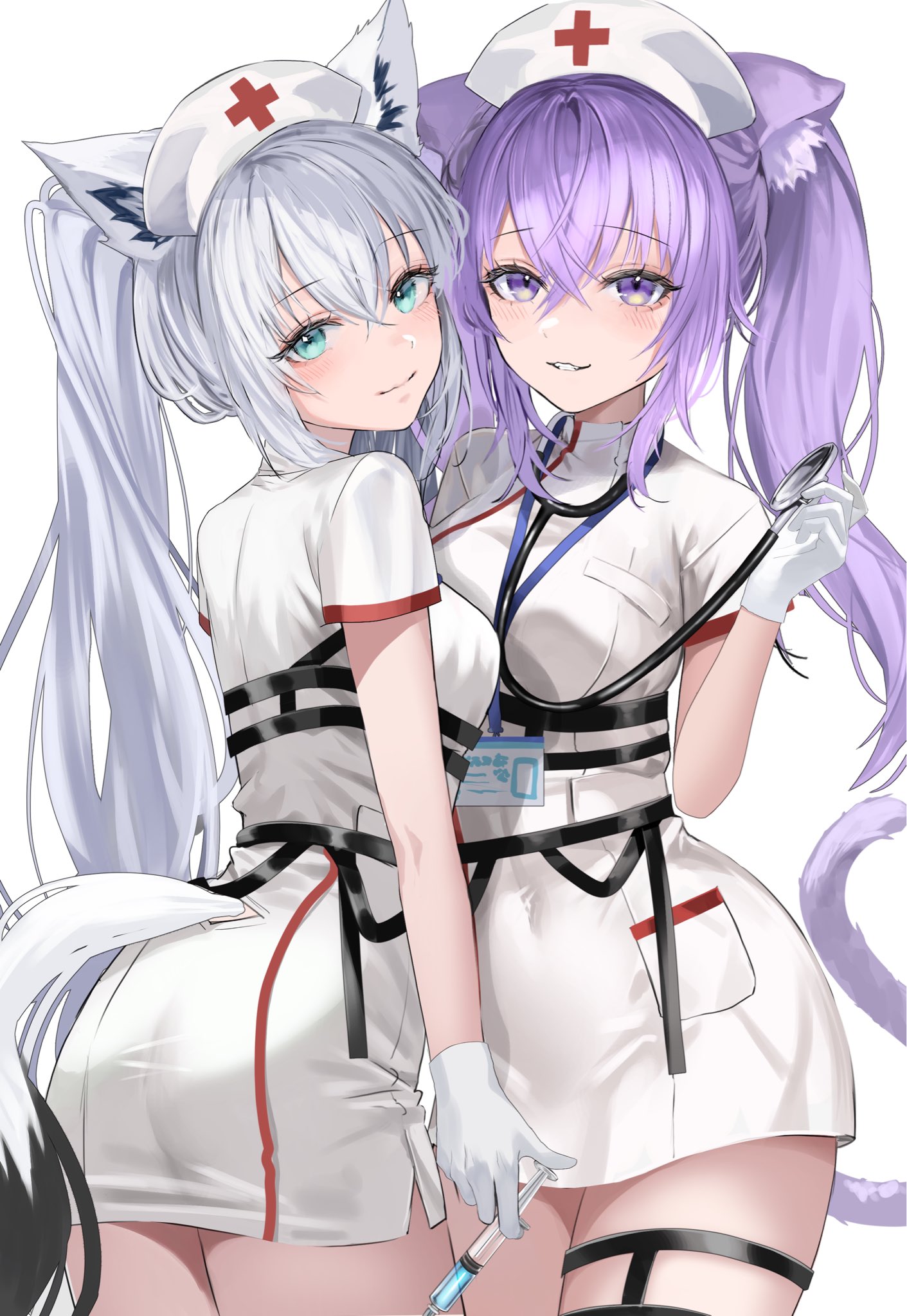 karanashi noma, nekomata okayu, shirakami fubuki, hololive, hashtag-only commentary, highres, 2girls, ahoge, animal ears, aqua eyes, cat ears, cat girl, cat tail, crossed bangs, double-parted bangs, dress, fox ears, fox girl, fox tail, gloves, grey hair, hair between eyes, hand up, hat, holding, holding stethoscope, holding syringe, lanyard, long hair, looking at viewer, multiple girls, name tag, nurse, nurse cap, parted lips, purple eyes, purple hair, short dress, short sleeves, simple background, smile, stethoscope, syringe, tail, thigh strap, twintails, very long hair, virtual youtuber, white background, white dress, white gloves, white hat