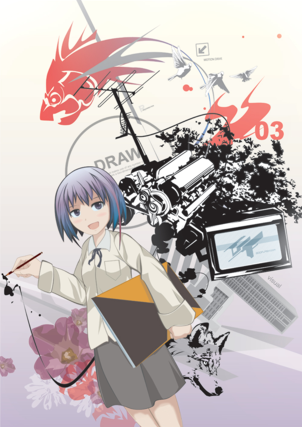 gokiburi no dashi, original, brush, bad id, bad pixiv id, highres, blue eyes, blue hair, fish, flower, pencil, short hair, sketchbook, skirt, solo, television, wolf, wooden pencil