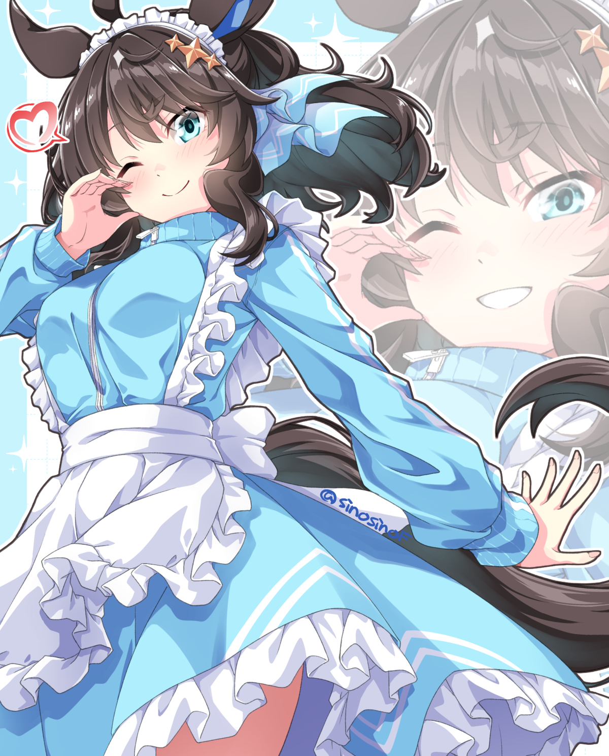 shinohara shinome, daring tact (umamusume), umamusume, highres, 1girl, ahoge, alternate costume, animal ears, apron, black hair, blue eyes, blue jacket, blue skirt, blush, breasts, closed mouth, frilled apron, frills, hair between eyes, hair ornament, heart, horse ears, horse girl, horse tail, jacket, jersey maid, long hair, long sleeves, looking at viewer, maid, maid apron, maid headdress, medium breasts, medium hair, one eye closed, open mouth, skirt, smile, star (symbol), star hair ornament, tail, teeth, track jacket, unconventional maid, waist apron, white apron, white headdress, zoom layer