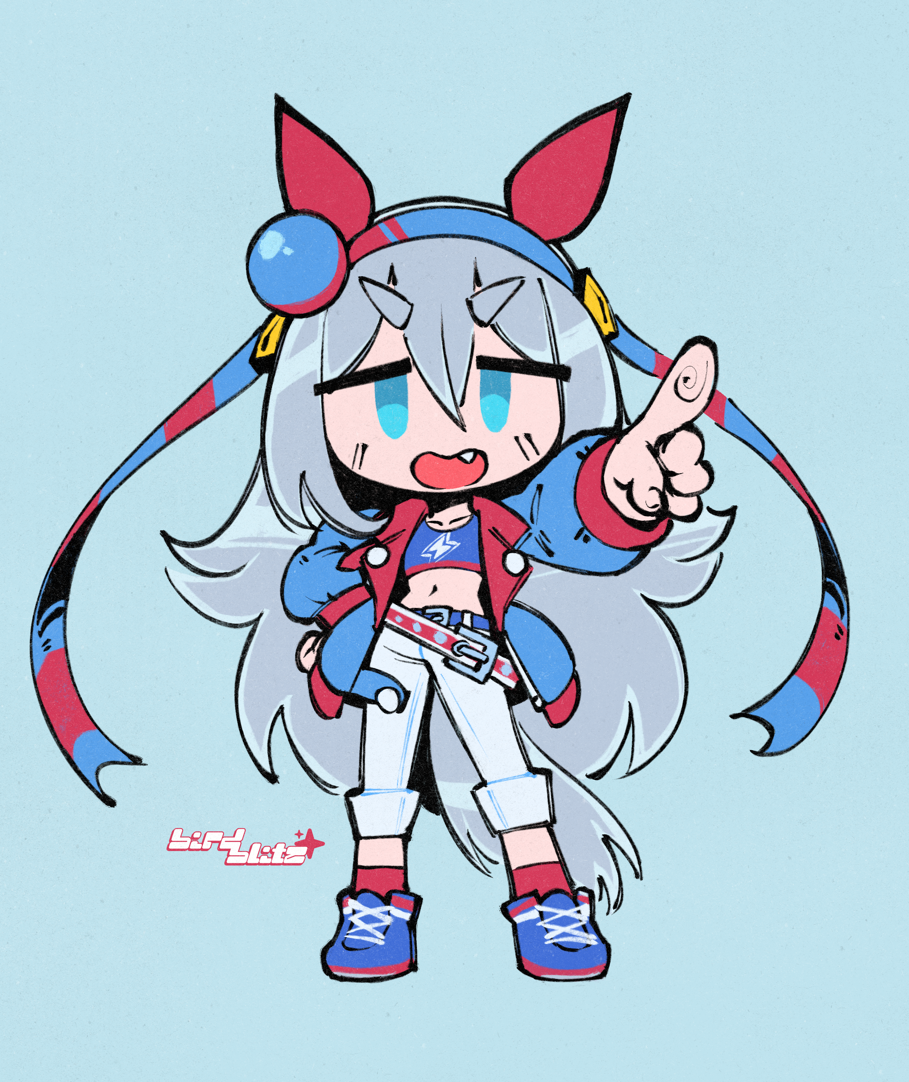 birdblitz, tamamo cross (umamusume), tamamo cross (with lightning speed) (umamusume), umamusume, absurdres, highres, 1girl, ahoge, animal ears, belt, blue eyes, blue hairband, blue jacket, blue sports bra, chibi, crop top, ear covers, ear ornament, fang, grey hair, grey tail, hair between eyes, hairband, headband, horse ears, horse girl, horse tail, jacket, lightning bolt print, lightning bolt symbol, long hair, long sleeves, looking at viewer, midriff, navel, open mouth, pants, red belt, red headband, shirt, simple background, solo, sports bra, striped clothes, striped hairband, tail, very long hair, white pants