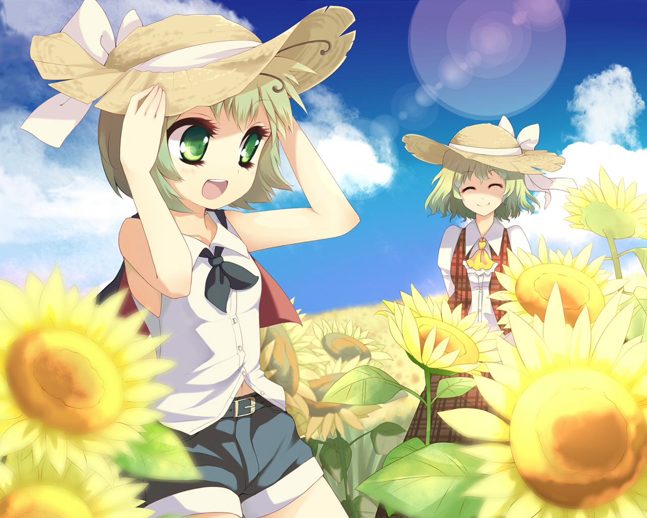 uruu gekka, kazami yuuka, wriggle nightbug, touhou, bad id, bad pixiv id, 2girls, antennae, arms behind back, ascot, belt, cape, closed eyes, cloud, day, female focus, flower, green eyes, green hair, happy, hat, leaf, multiple girls, open mouth, plaid clothes, plaid skirt, plaid vest, shaded face, short hair, skirt, skirt set, sky, smile, straw hat, sunflower, unmoving pattern, vest