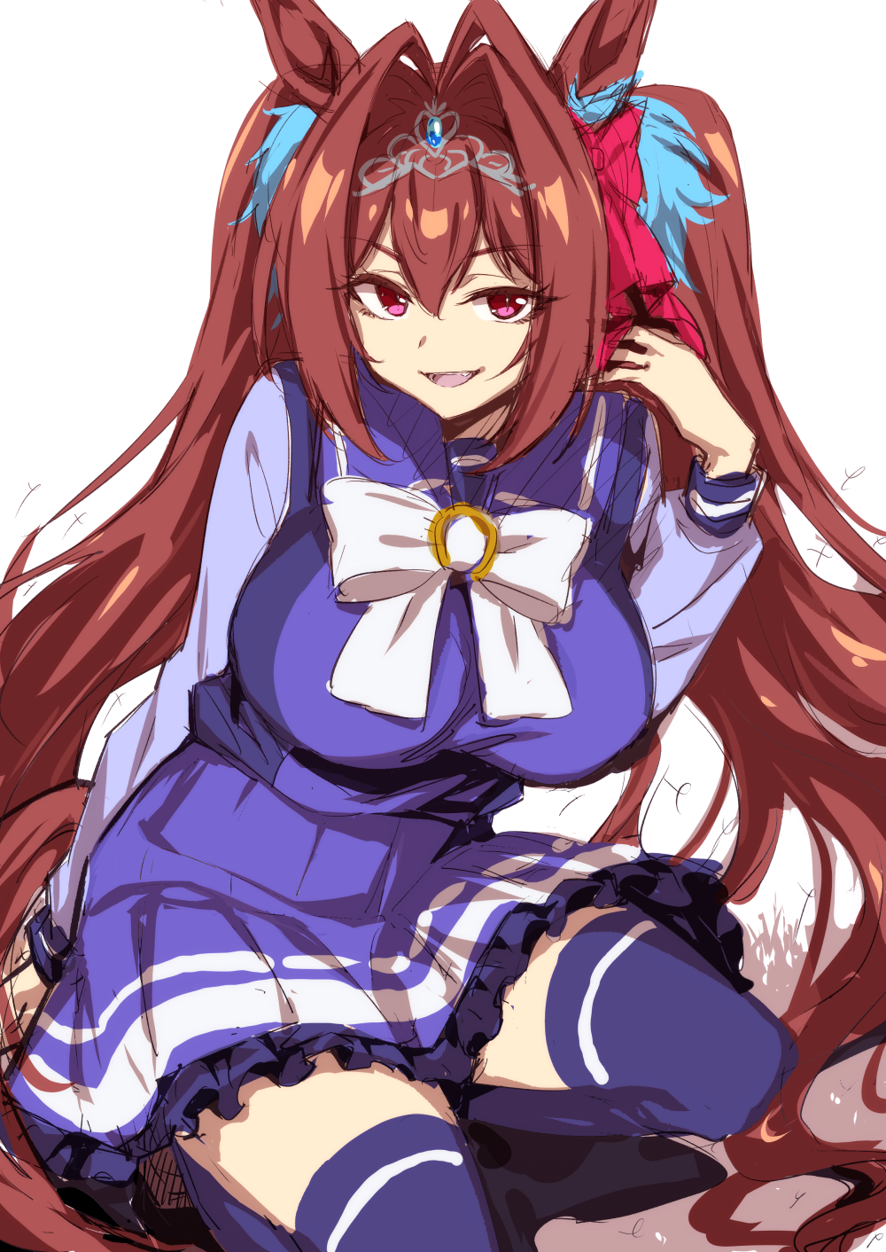 nakahira guy, daiwa scarlet (umamusume), umamusume, highres, 1girl, animal ears, breasts, brown hair, fang, horse ears, horse girl, looking at viewer, purple thighhighs, red eyes, school uniform, smile, solo, thighhighs, tiara, tracen school uniform, twintails