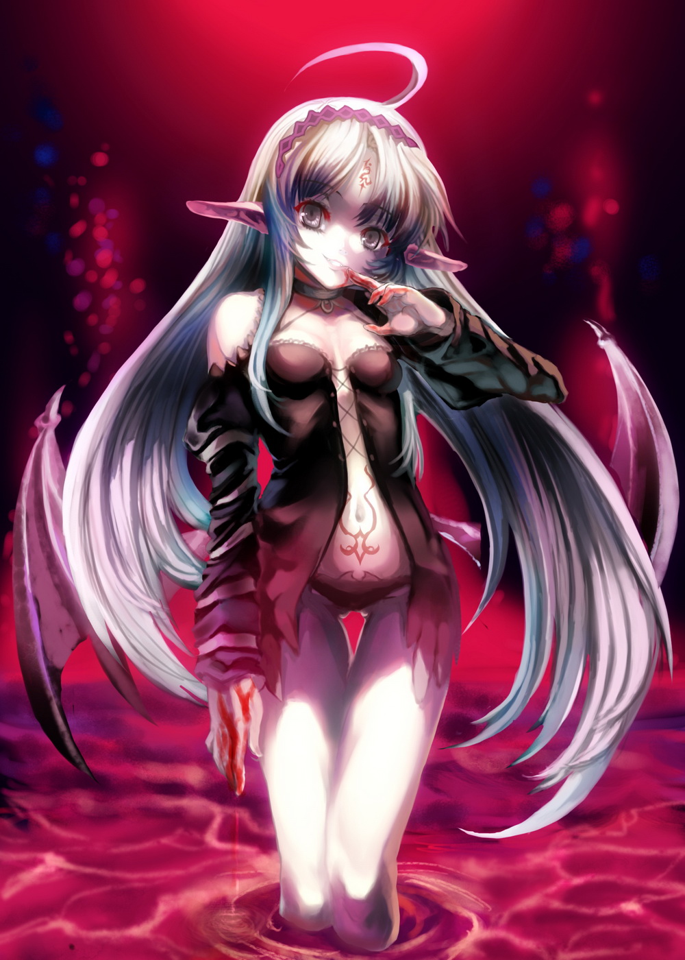 st.microscope, original, highres, ahoge, blood, choker, corset, demon girl, demon wings, long hair, pointy ears, solo, tattoo, wings