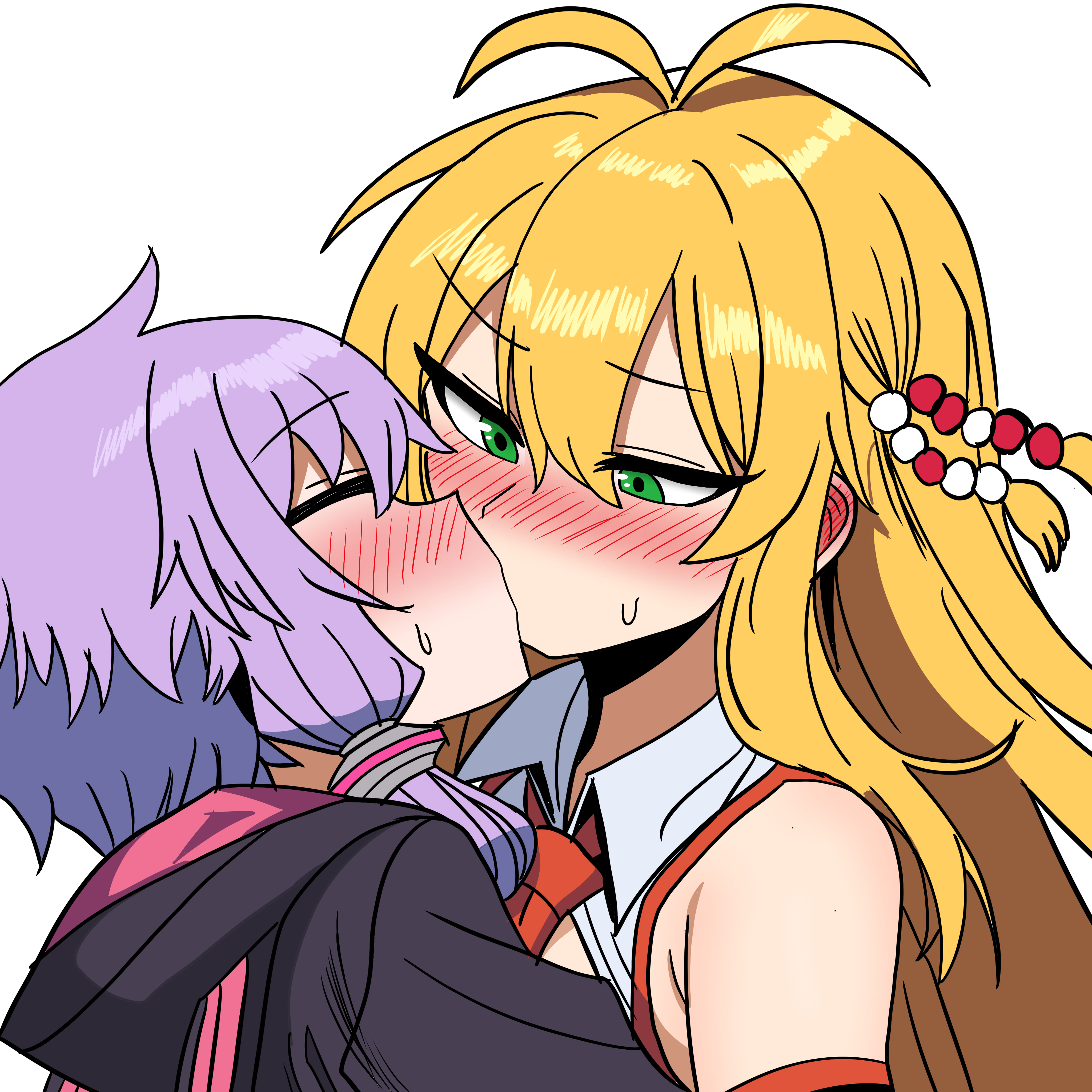 hmzeus, tsurumaki maki, yuzuki yukari, vocaloid, voiceroid, absurdres, commentary, highres, 2girls, black hoodie, blonde hair, blush, collared shirt, ear blush, green eyes, hood, hoodie, kiss, multiple girls, necktie, purple hair, red necktie, shirt, simple background, sweat, twintails, white background, white shirt, yuri