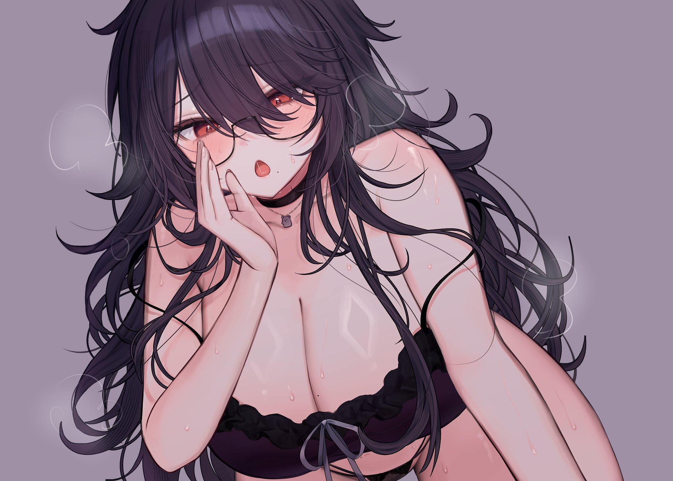 komoriya sanaka, indie virtual youtuber, artist request, commentary request, highres, 1girl, breasts, camisole, cleavage, double strap slip, frilled camisole, frills, glasses, heavy breathing, huge breasts, koala necklace, long hair, looking at viewer, messy hair, mole, mole under mouth, multi-strapped panties, no pants, open mouth, panties, purple hair, semi-rimless eyewear, solo, sweat, underwear, whispering