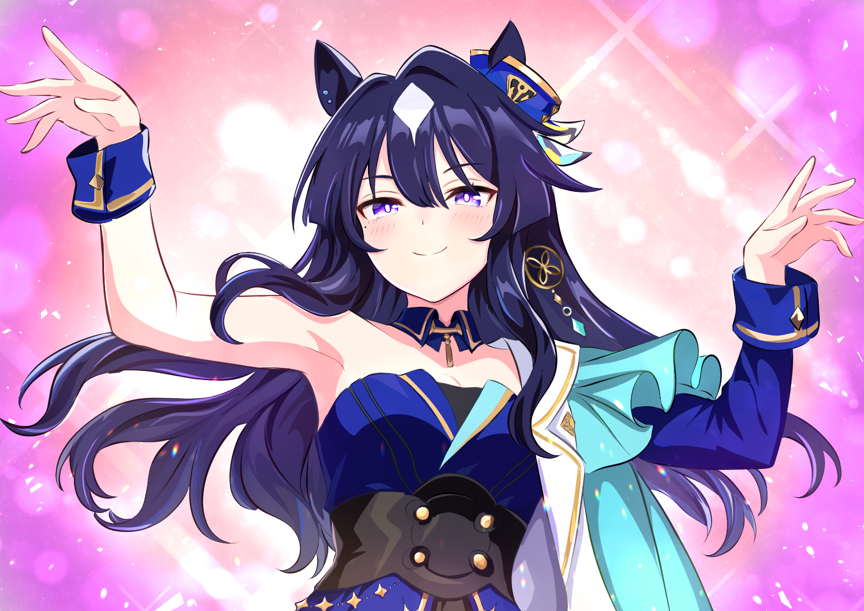 kanon (user rrhr4244), verxina (le beau sommet) (umamusume), verxina (umamusume), umamusume, commentary request, highres, 1girl, animal ears, arms up, asymmetrical clothes, black corset, blue dress, blue hair, blue wrist cuffs, blush, breasts, bright pupils, closed mouth, corset, detached collar, dress, ear ornament, horse ears, horse girl, long hair, looking at viewer, medium breasts, purple eyes, single bare shoulder, single sleeve, smile, solo, upper body, white pupils, wrist cuffs