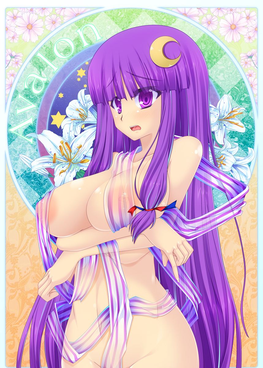 kirise mitsuru, patchouli knowledge, touhou, breast hold, bad id, bad pixiv id, highres, 1girl, art nouveau, breasts, crescent, crescent hair ornament, female focus, groin, hair ornament, large breasts, long hair, nipples, no headwear, nude, purple eyes, purple hair, ribbon, see-through clothes, solo, very long hair