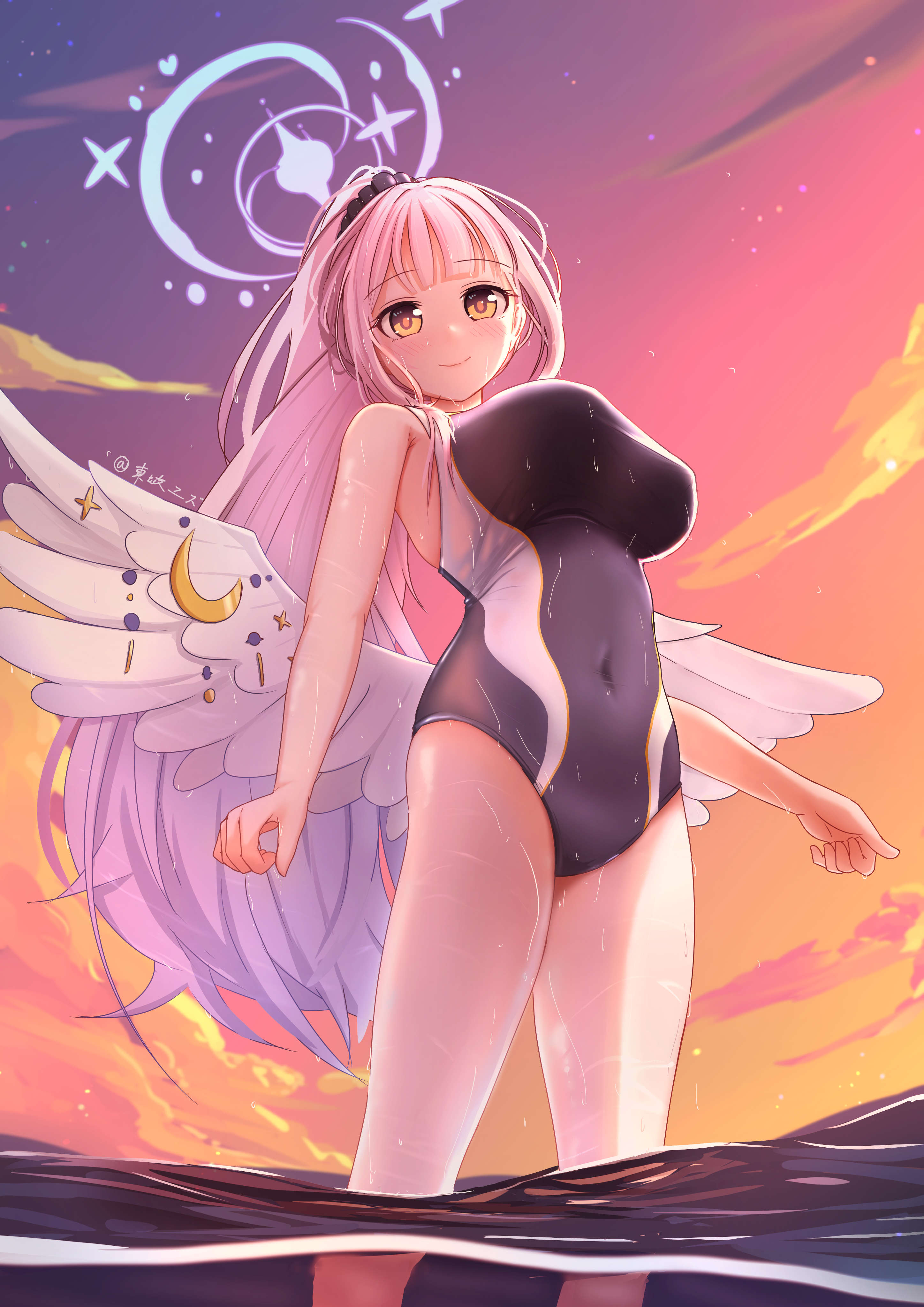 yuzuhara1017, mika (blue archive), blue archive, absurdres, chinese commentary, commentary, highres, mixed-language commentary, 1girl, artist name, black one-piece swimsuit, breasts, closed mouth, cloud, competition school swimsuit, covered navel, dusk, halo, large breasts, long hair, looking at viewer, multicolored sky, on water, one-piece swimsuit, outdoors, pink hair, pink halo, ponytail, school swimsuit, sky, smile, solo, swimsuit, trinity general school swimsuit, very long hair, wading, white wings, wing ornament, wings, yellow eyes
