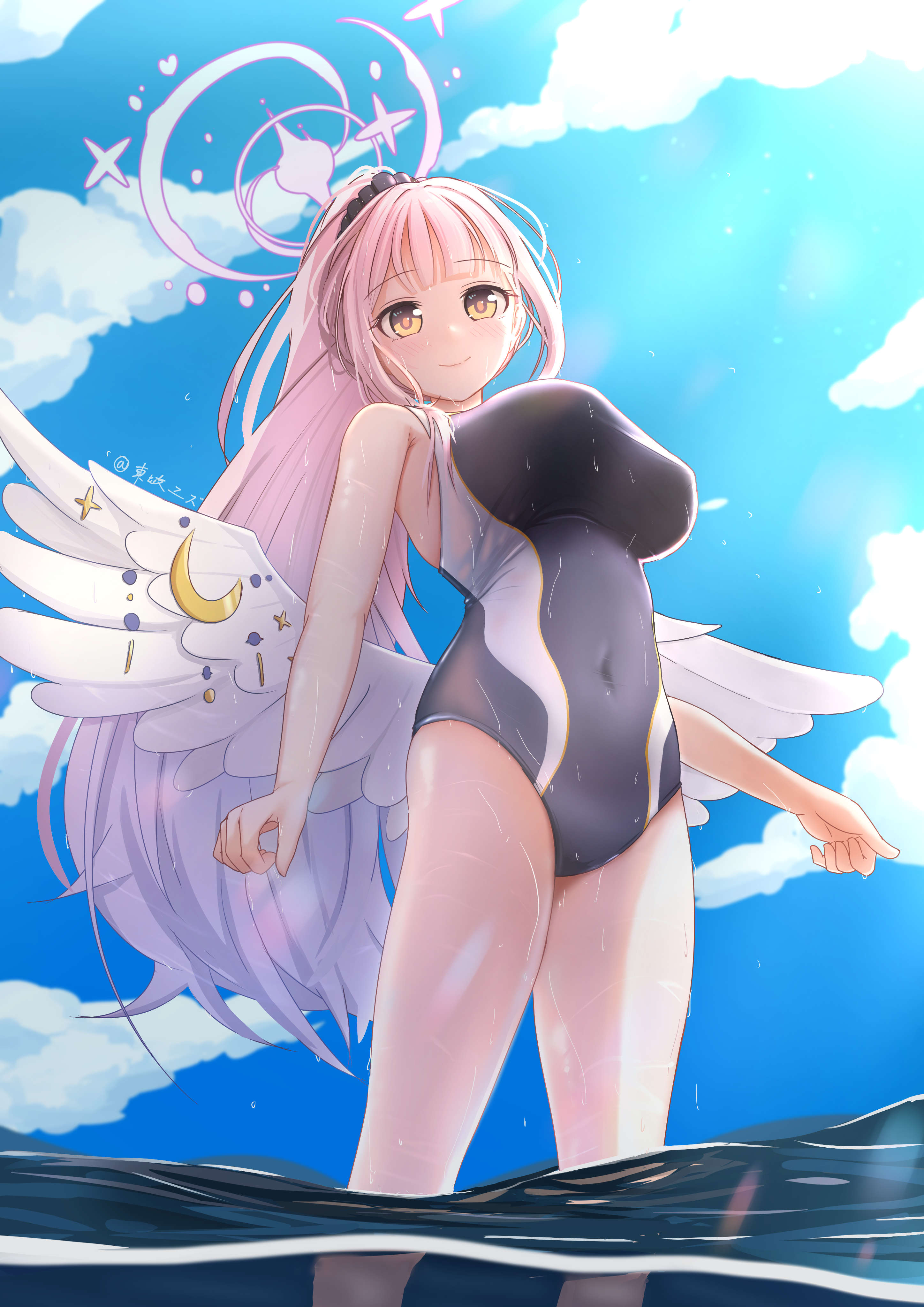 yuzuhara1017, mika (blue archive), blue archive, absurdres, chinese commentary, commentary, highres, mixed-language commentary, 1girl, artist name, black one-piece swimsuit, blue sky, breasts, closed mouth, cloud, competition school swimsuit, covered navel, day, halo, large breasts, long hair, looking at viewer, on water, one-piece swimsuit, outdoors, pink hair, pink halo, ponytail, school swimsuit, sky, smile, solo, swimsuit, trinity general school swimsuit, very long hair, wading, white wings, wing ornament, wings, yellow eyes