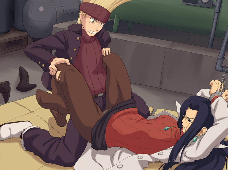 maasan, edge (justice gakuen), minazuki kyoko, capcom, justice gakuen, shiritsu justice gakuen, torn legwear, bad id, bad pixiv id, 1boy, 1girl, bdsm, black hair, bondage, bound, clothed sex, clothes lift, cuffs, feet, glasses, handcuffs, hetero, imminent rape, jewelry, lab coat, long hair, miniskirt, necklace, panties, panties under pantyhose, pantyhose, pencil skirt, rape, ribbed sweater, school nurse, skirt, skirt lift, sweater, teacher and student, tears, torn clothes, underwear, upskirt