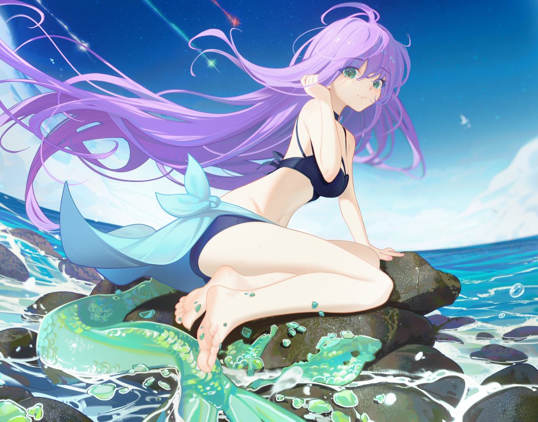 daxieshen huashi, character request, commission, copyright request, 1girl, aqua eyes, arm support, barefoot, bikini, blue bikini, blue sky, blush, breasts, closed mouth, day, feet, full body, hand up, leaning forward, legs, long hair, medium breasts, ocean, on rock, outdoors, purple hair, shooting star, sitting, sky, smile, soles, solo, swimsuit, toenails, toes, very long hair, yokozuwari