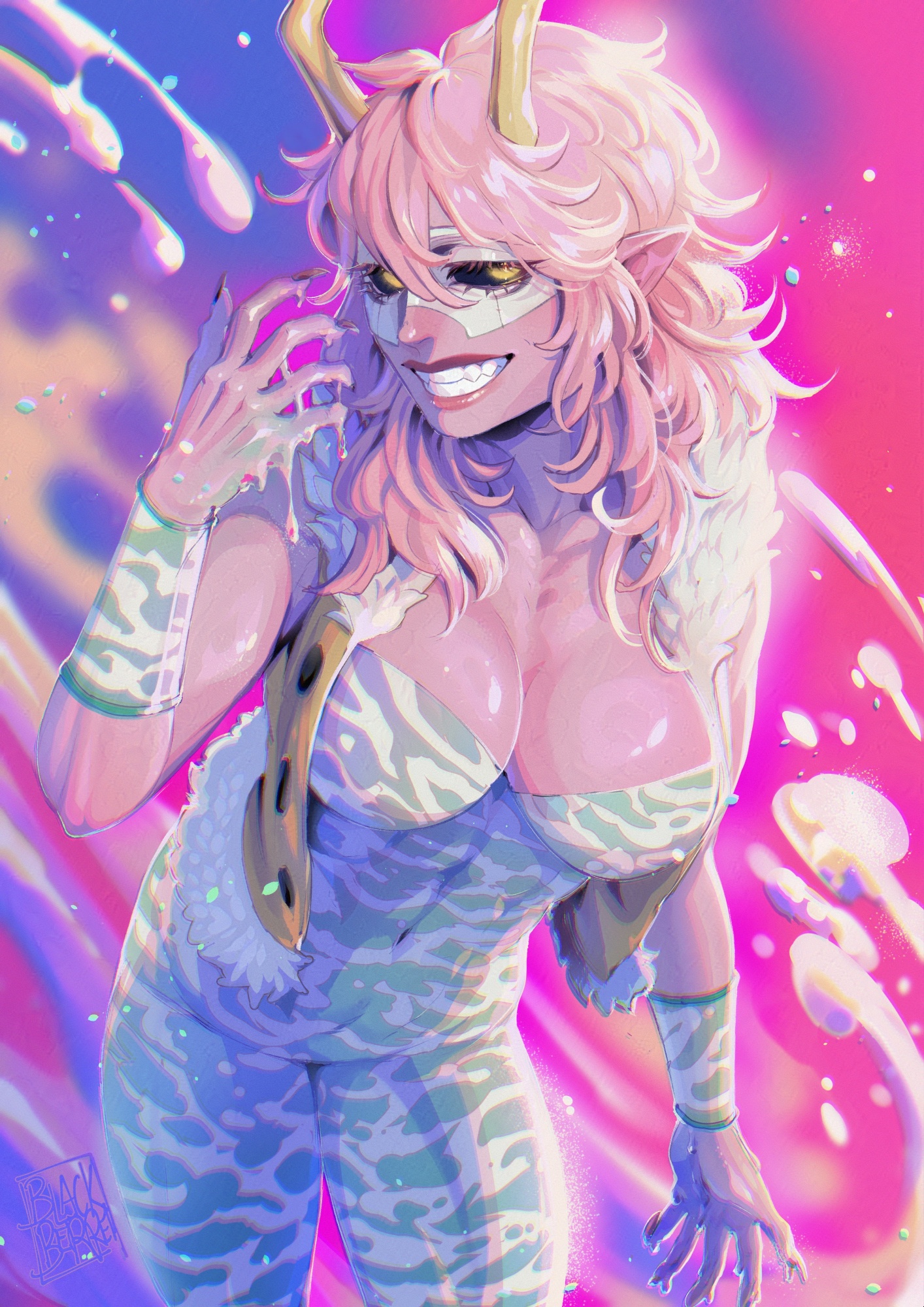 ashido mina, boku no hero academia, highres, 1girl, black sclera, blackberreh-art, breasts, colored sclera, colored skin, fur-trimmed vest, fur trim, grin, horns, lips, long hair, pink hair, pink skin, pointy ears, smile, solo, teeth, unitard, vest, yellow eyes, yellow horns