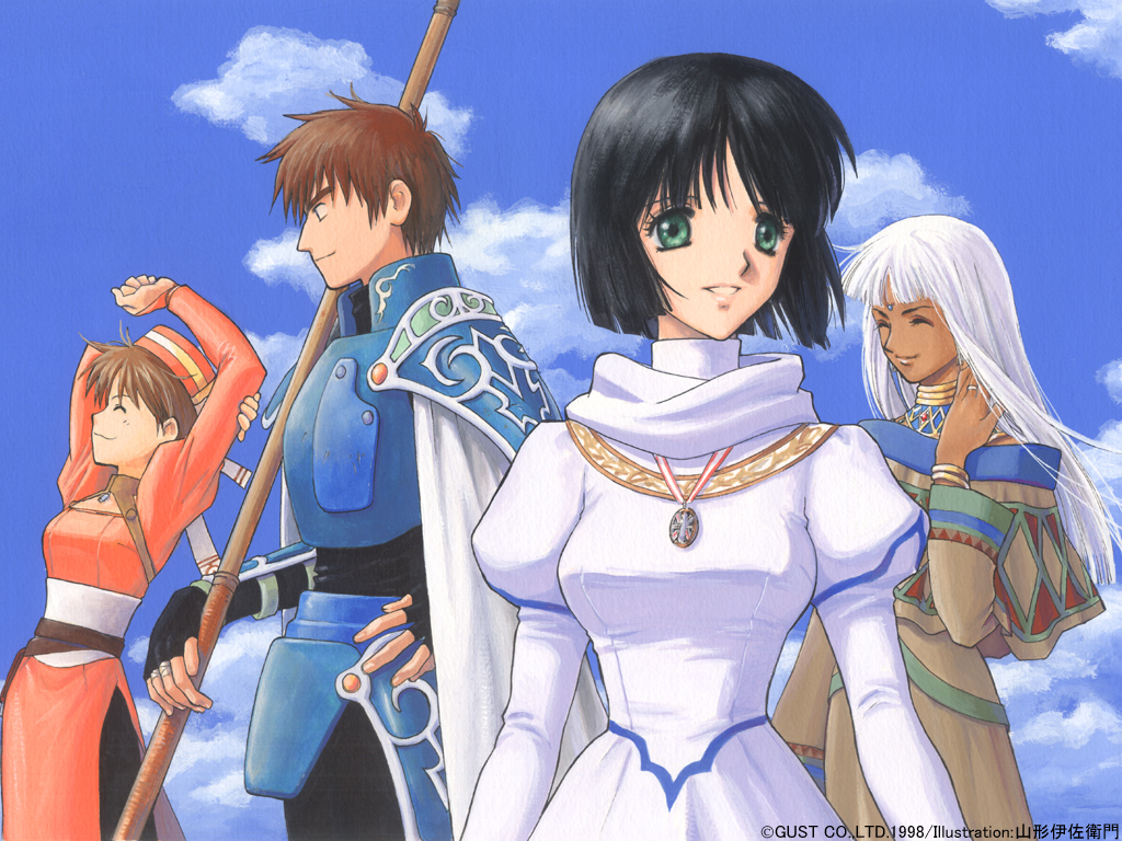 yamagata isaemon, dagllas mcrain, elfir traum, millcassee frobel, romauge bremer, atelier (series), atelier elie, gust, black legwear, official art, official wallpaper, 1990s (style), 1boy, 3girls, :d, ^ ^, adjusting hair, armor, arms up, bandages, bare shoulders, belt, black gloves, black hair, blush, bob cut, bracelet, brown hair, cape, cleavage cutout, closed eyes, clothing cutout, cloud, dark skin, day, dress, elbow gloves, fantasy, fingerless gloves, forehead jewel, gloves, green eyes, hand on own hip, happy, hat, jewelry, long hair, long skirt, multiple girls, necklace, nun, open mouth, orange dress, orange hat, orange shirt, outdoors, pantyhose, parted bangs, pendant, profile, retro artstyle, ribbon, ring, shirt, short hair, side slit, skirt, sky, smile, spiked hair, staff, stretching, turtleneck, upper body, weapon, white dress, wide sleeves