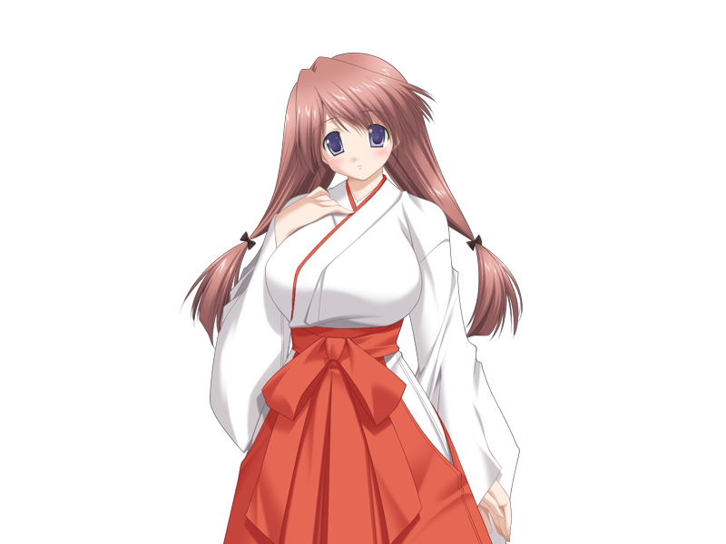 goma satoshi, oshiete miko sensei (series), game cg, 1girl, blush, bow, breasts, brown hair, closed mouth, hair bow, hakama, hakama skirt, hands on own chest, japanese clothes, large breasts, long hair, long sleeves, looking at viewer, miko, oshiete miko sensei ni, purple eyes, red hakama, shiratori mina (oshiete miko sensei), simple background, skirt, solo, wide sleeves