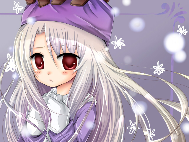 moka (pixiv521305), moka (toybox), illyasviel von einzbern, fate/stay night, fate (series), bad id, bad pixiv id, 00s, 1girl, female focus, hat, mittens, purple hat, red eyes, snow, solo, white hair, white mittens