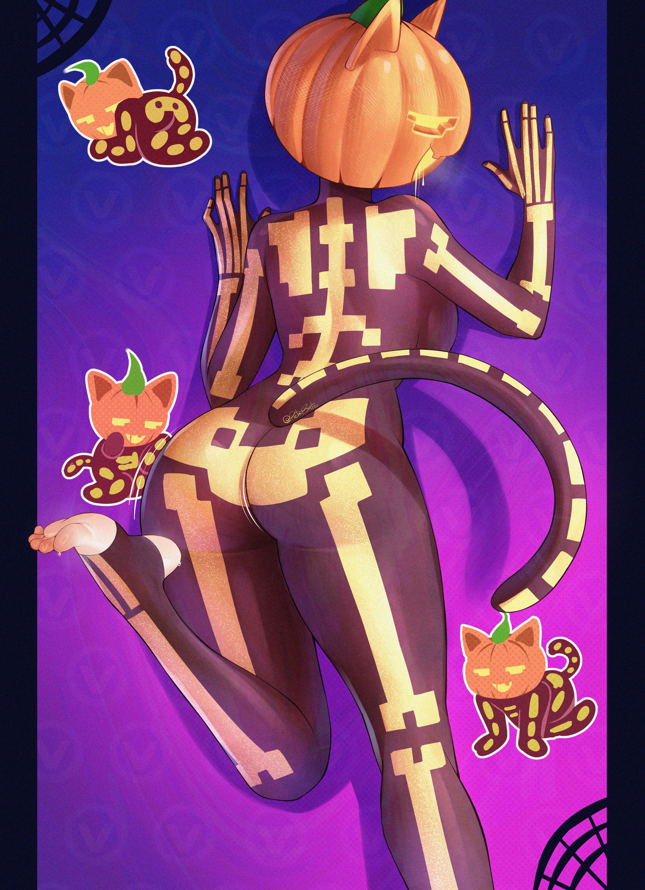 pietrosatou, spice (fortnite), fortnite, absurdres, highres, 1girl, against wall, ass, black bodysuit, blue background, bodysuit, breasts, cat girl, cat tail, chibi, feet, from behind, gradient background, hands up, impossible bodysuit, impossible clothes, large breasts, legs, motion lines, no shoes, pumpkin on head, purple background, signature, skeleton costume, skeleton print, standing, standing on one leg, stirrup legwear, sweat, tail, toeless legwear, toenails, toes, twitter username