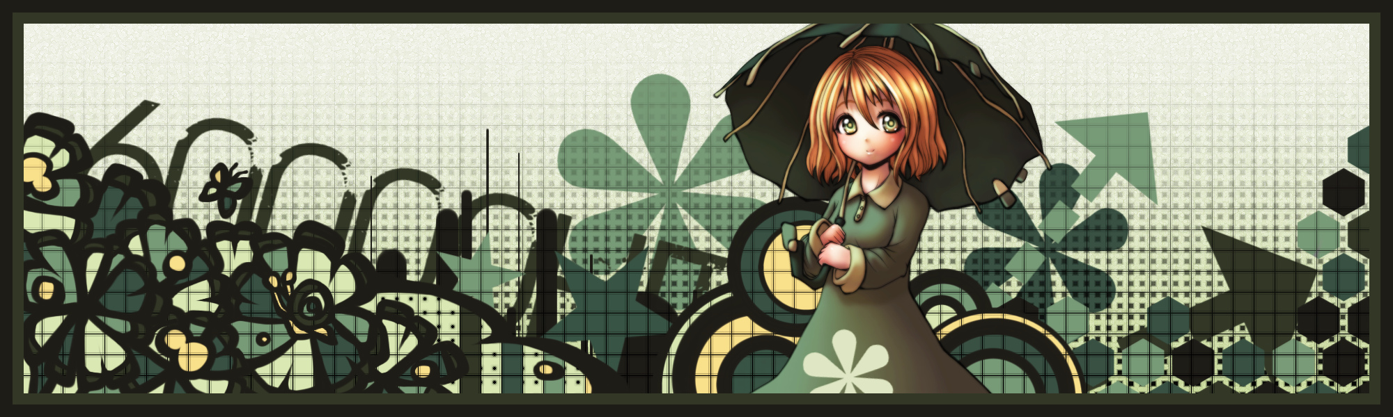 kilil, highres, long image, wide image, brown hair, dress, flower, green eyes, short hair, solo, umbrella