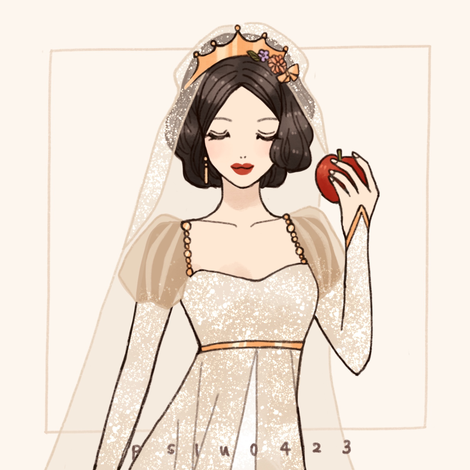 peilu (pslu0423), snow white (disney), snow white and the seven dwarfs (disney), highres, 1girl, black hair, bridal veil, crown, dress, food, fruit, holding, looking at viewer, puff and slash sleeves, puffy sleeves, short hair, smile, solo, tiara, veil, wedding dress