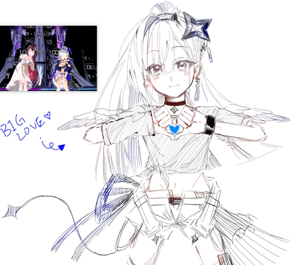 nangong 0210, amane kanata, hololive, commentary, symbol-only commentary, 1girl, closed mouth, cowboy shot, english text, feathered wings, greyscale, hair between eyes, hair ornament, heart, heart hands, heart in heart hands, light blush, long hair, looking at viewer, mini wings, monochrome, navel, official alternate costume, official alternate hair length, official alternate hairstyle, reference inset, shirt, shorts, simple background, single hair intake, single sleeve, sketch, solo, spot color, straight-on, tied shirt, virtual youtuber, white background, wide ponytail, wings