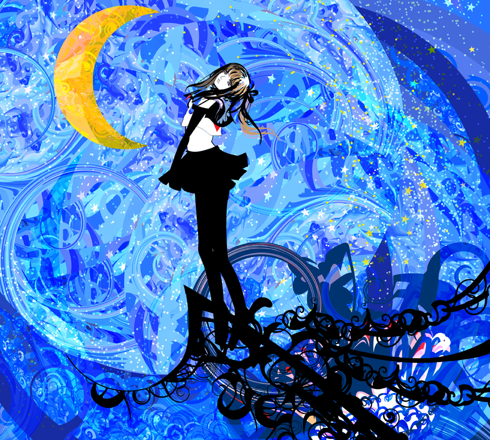 kazaana, original, 1girl, abstract, colorful, crescent moon, female focus, from behind, long hair, looking back, moon, pantyhose, psychedelic, ribbon, school uniform, skirt, solo