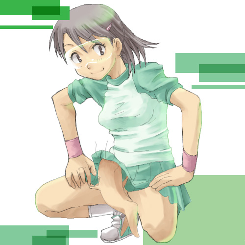 blue (ao maru), hashimoto fumie, oyaji (dennou coil), dennou coil, visor, lowres, 00s, 1boy, 1girl, black eyes, black hair, breasts, brown eyes, brown hair, clothed female nude male, clothes lift, creature, female focus, full body, glasses, goggles, green shirt, green skirt, hair ornament, hairclip, loli, looking at viewer, nude, raglan sleeves, shirt, skirt, skirt lift, small breasts, smile, solo