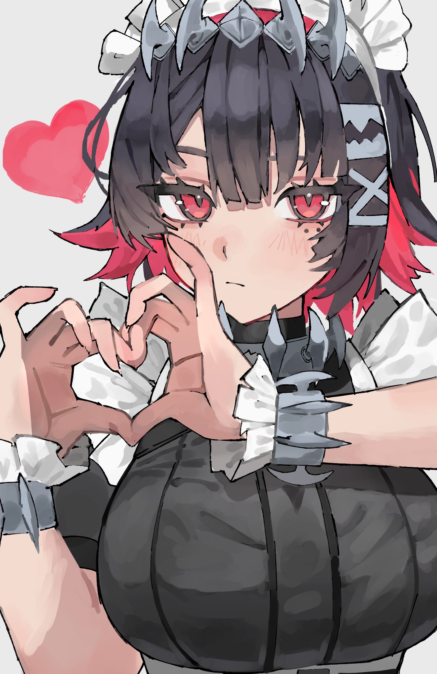 walk43049101art, ellen joe, zenless zone zero, commentary request, highres, 1girl, black hair, blush, breasts, closed mouth, collar, colored inner hair, four-finger heart hands, frilled wristband, grey background, hairband, heart, heart hands, large breasts, looking at viewer, maid, maid headdress, metal hairband, metal wrist cuffs, mole, mole under eye, multicolored hair, razor blade hair ornament, shark girl, short hair, solo, spiked headband, upper body