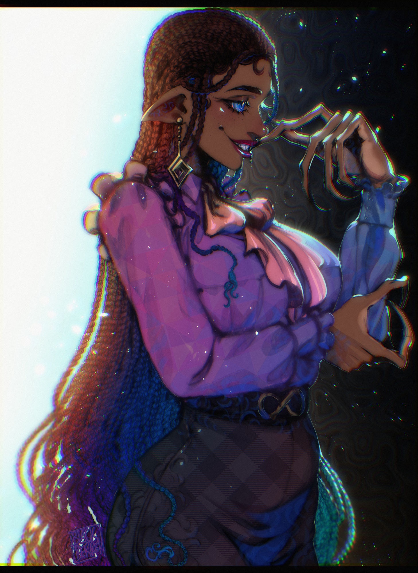 the magnus archives, highres, 1girl, belt, blackberreh-art, blue eyes, bow, box braids, breasts, claws, design speculation, distortion (tma), earrings, eyelashes, freckles, frilled shirt, frills, grin, helen richardson, infinity symbol, jewelry, light-skinned palms, long hair, pink bow, pointy ears, purple shirt, sharp teeth, shirt, skirt, smile, solo, teeth, very long hair