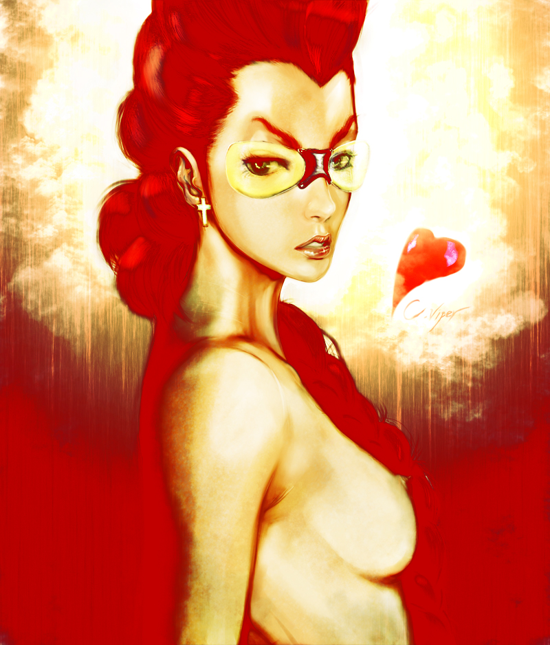 hyde (fxxker family), crimson viper, capcom, street fighter, street fighter iv (series), 1girl, braid, breasts, collarbone, female focus, hair over shoulder, medium breasts, nipples, pompadour, realistic, single braid, solo, topless female