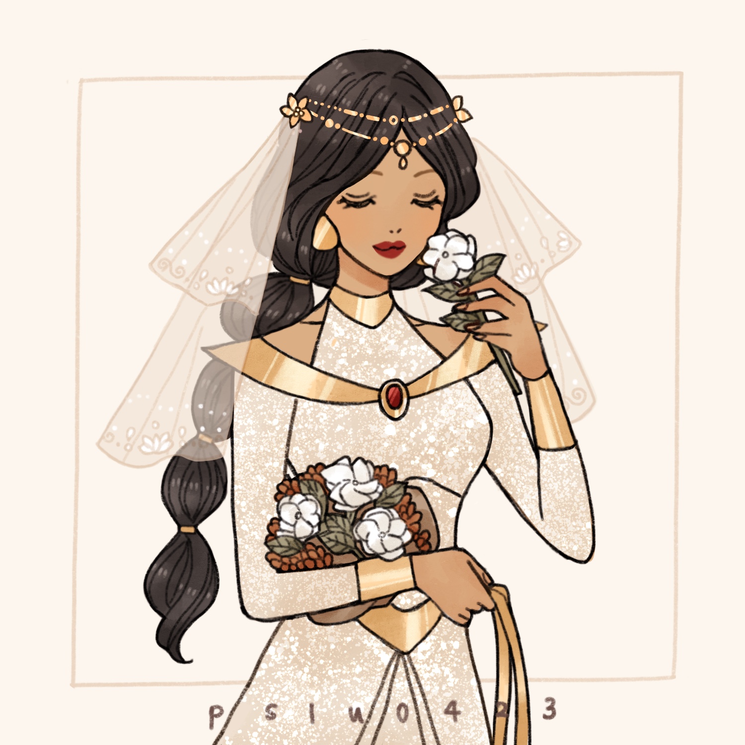 peilu (pslu0423), jasmine (disney), aladdin (movie), highres, 1girl, black hair, bridal veil, crown, dark-skinned female, dark skin, dress, earrings, jewelry, long hair, looking at viewer, necklace, smile, solo, veil, very long hair, wedding dress