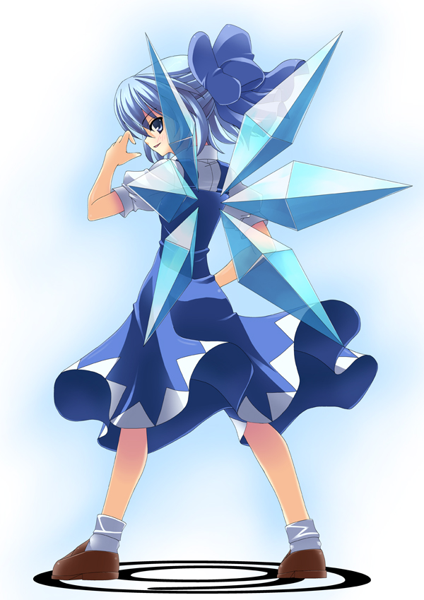 rappa (rappaya), cirno, embodiment of scarlet devil, touhou, 1girl, blue eyes, blue hair, bow, circled 9, dress, female focus, full body, gradient background, hair bow, looking back, matching hair/eyes, profile, short hair, socks, solo, white background, wings