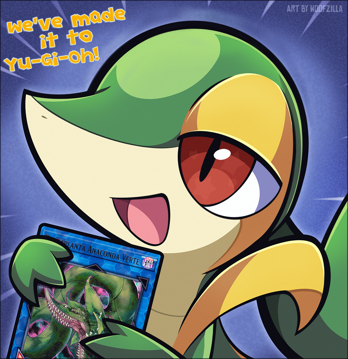 woofzilla, snivy, nintendo, pokemon, yu-gi-oh!, commentary, english commentary, highres, artist name, blue background, card, crossover, english text, gen 5 pokemon, holding, holding card, no humans, official art inset, open mouth, pokemon (creature), predaplant verte anaconda, red eyes, solo