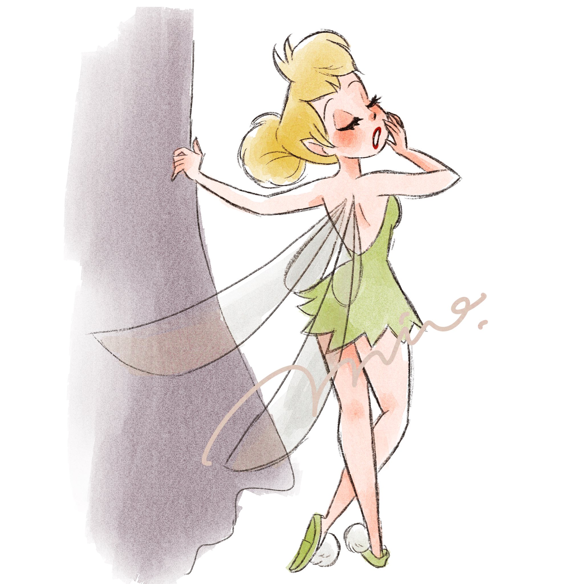 mio ney, tinker bell (disney), walt disney's peter pan, highres, 1girl, bare shoulders, blonde hair, blue eyes, breasts, dress, fairy, fairy wings, fly agaric, green dress, green tunic, hair bun, mushroom, pointy ears, short hair, single hair bun, solo, strapless, strapless dress, tunic, wings