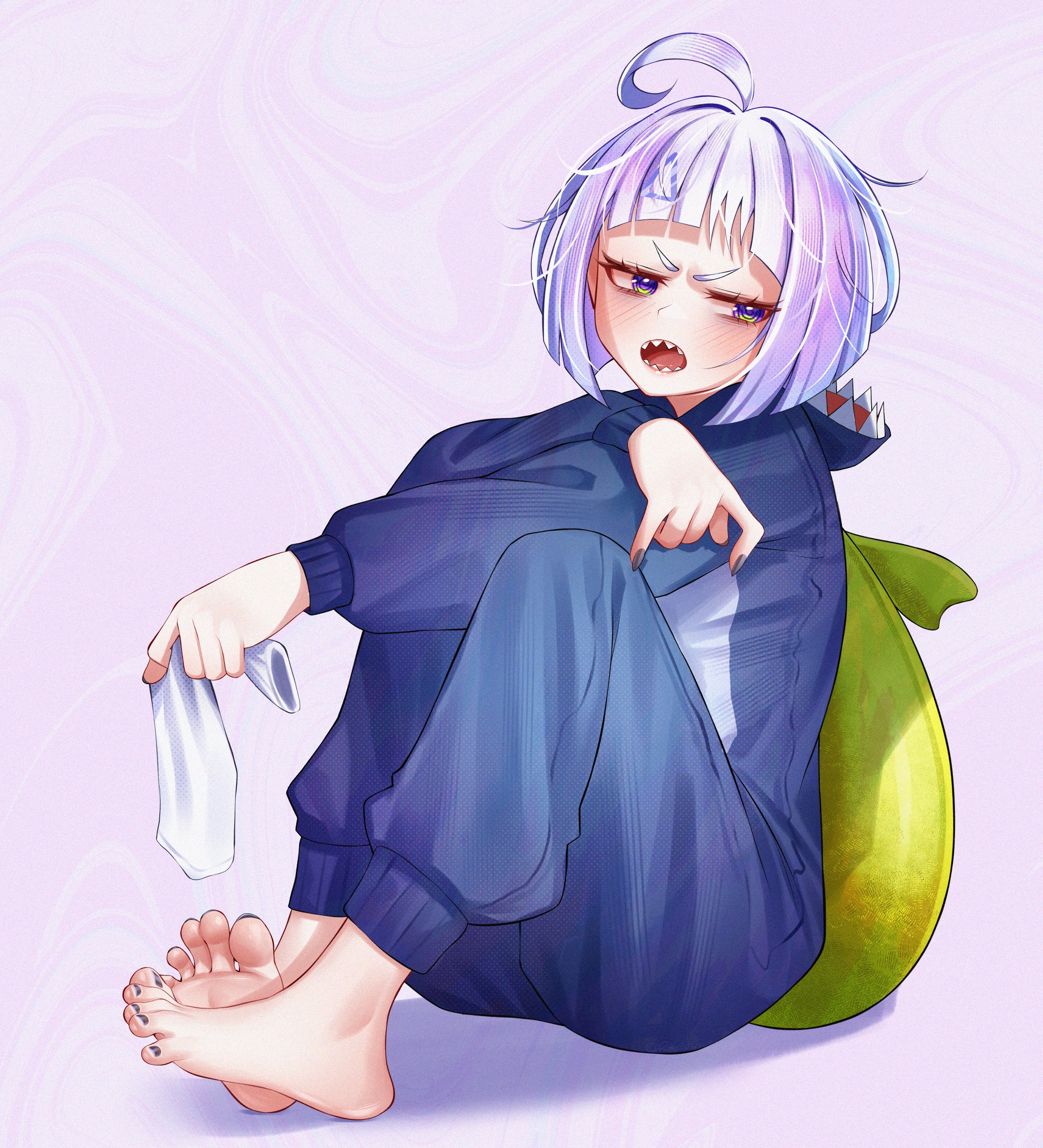 pietrosatou, original, absurdres, highres, 1girl, ahoge, animal costume, arched back, barefoot, blue bodysuit, blush, bodysuit, feet, foot focus, full body, hair ornament, holding sock, knees up, medium hair, nail polish, open mouth, pink background, presenting foot, purple eyes, purple nails, shadow, shark costume, sharp teeth, sitting, socks, soles, solo, teeth, toenail polish, toenails, toes, unworn socks, v-shaped eyebrows