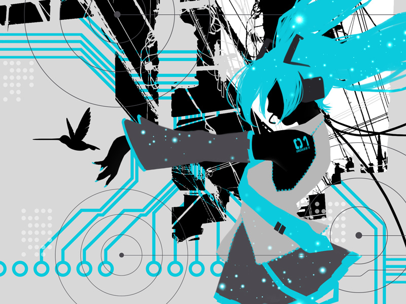 saitou tomoaki, hatsune miku, vocaloid, bad id, bad pixiv id, aqua hair, bird, detached sleeves, headphones, long hair, necktie, skirt, solo, twintails, very long hair