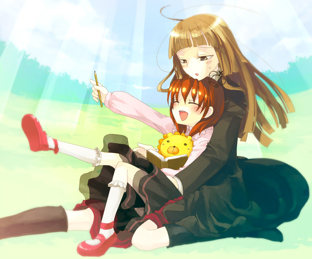 hanui, sakutarou (umineko), ushiromiya maria, ushiromiya rosa, umineko no naku koro ni, bad id, bad pixiv id, 00s, age difference, book, hime cut, hug, mother and daughter, pencil, wooden pencil