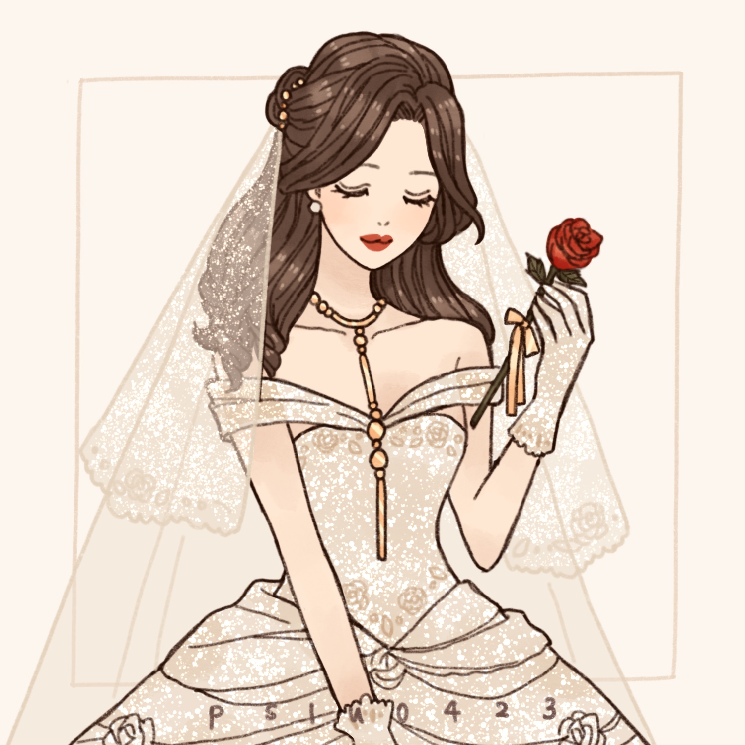 peilu (pslu0423), belle (disney), beauty and the beast (disney), highres, tagme, 1girl, alternate costume, animification, brown hair, closed eyes, dress, earrings, flower, jewelry, long hair, looking at viewer, rose, solo, wedding dress