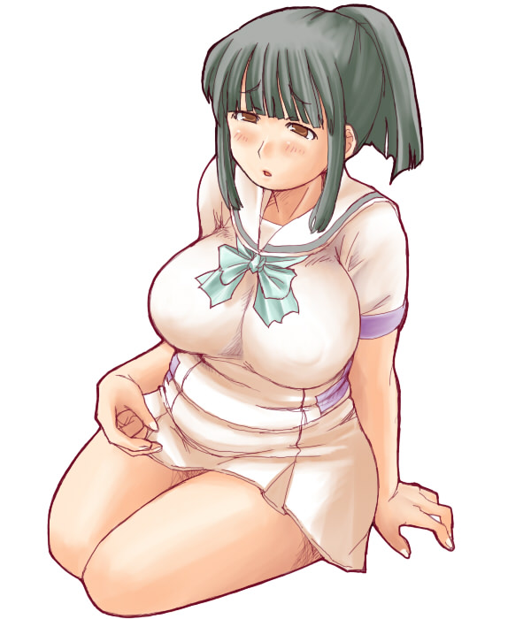 blue (ao maru), itou yukino, real drive, 1girl, black eyes, black hair, breasts, cleavage, female focus, large breasts, plump, ponytail, solo