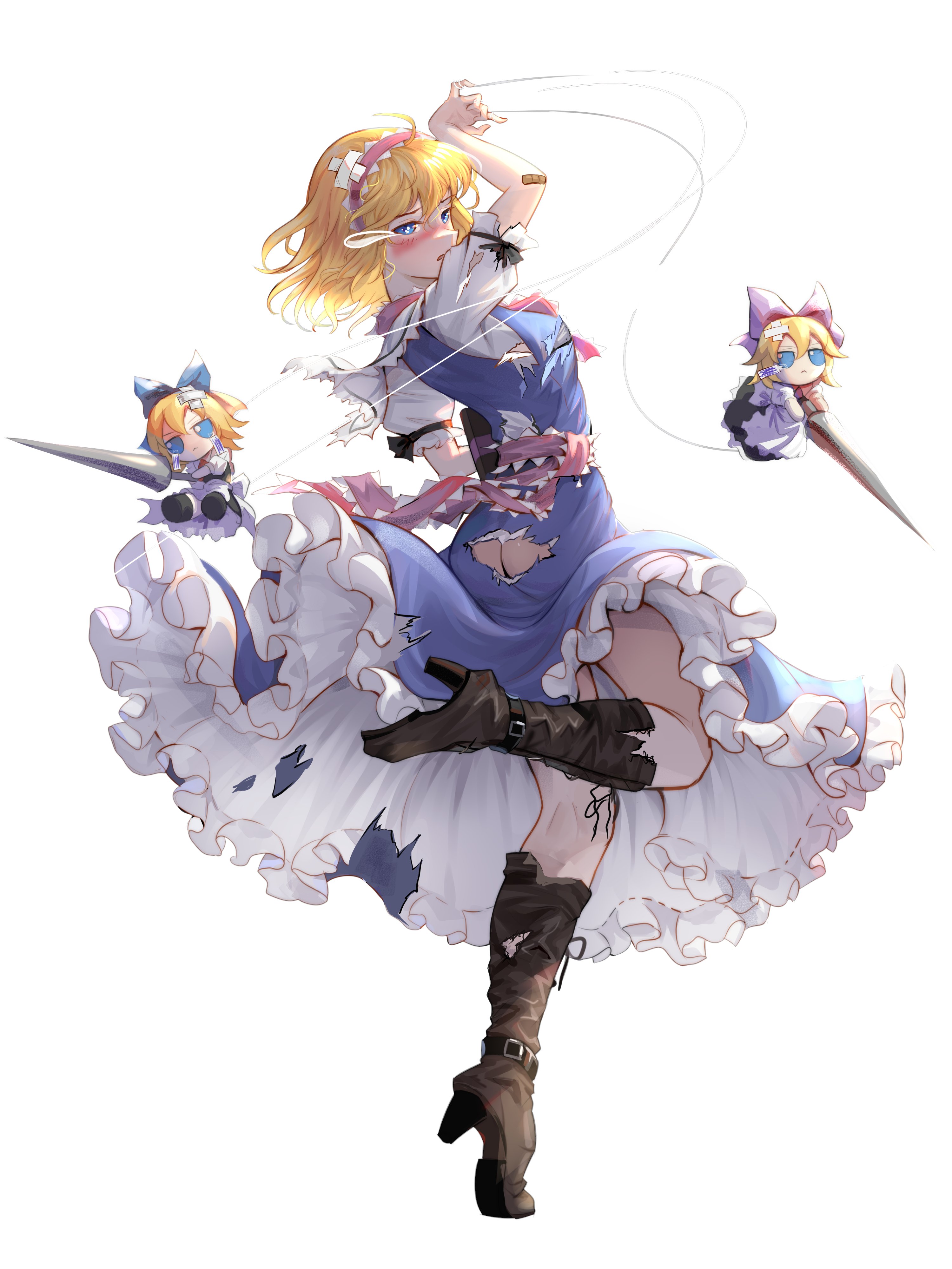 edz drawz, alice margatroid, shanghai doll, touhou, absurdres, commentary, highres, 1girl, ascot, ass, blonde hair, blue dress, blue eyes, boots, china, cityscape, day, dress, frilled ascot, frilled hairband, frilled sash, frills, fumo (doll), grimoire of alice, hairband, high heel boots, high heels, lamppost, looking at viewer, looking back, medium dress, medium hair, puffy short sleeves, puffy sleeves, red ascot, red sash, sash, short sleeves, simple background, standing, standing on one leg, tiptoes, white background, white sleeves
