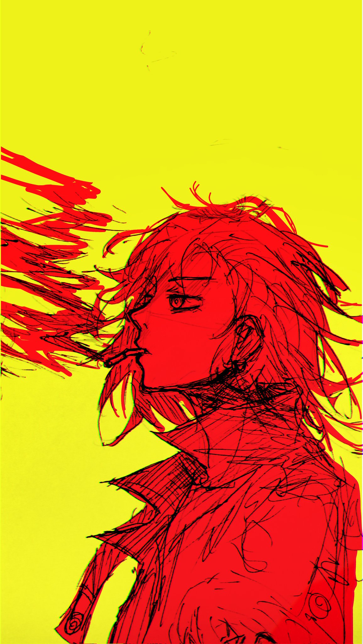 original, commentary, english commentary, highres, unfinished, 1other, androgynous, cigarette, collared shirt, dyaursie00, from side, looking ahead, medium hair, messy hair, monochrome, red theme, shirt, simple background, sketch, smoke, smoke trail, smoking, solo, upper body, yellow background
