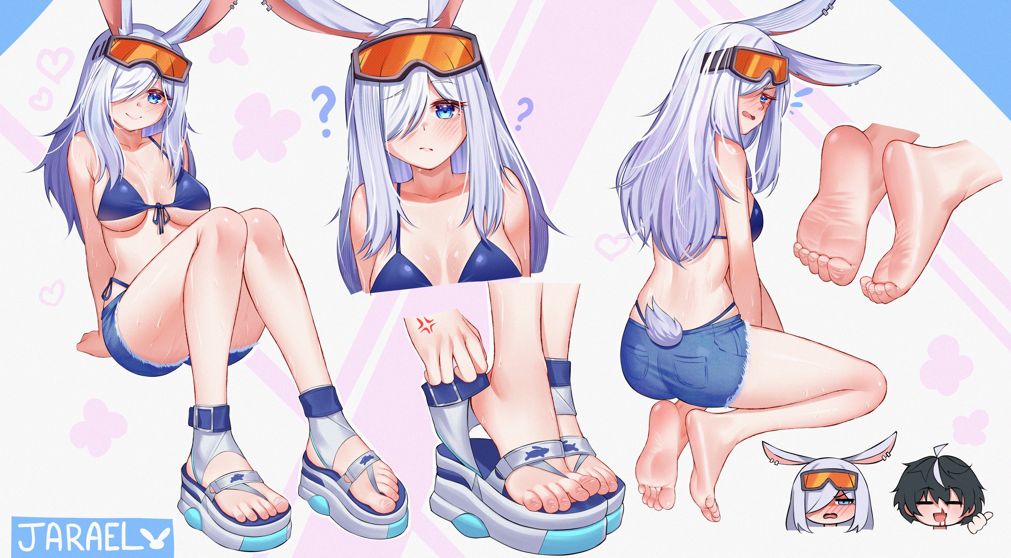 pietrosatou, original, absurdres, commission, highres, 1girl, ?, adjusting footwear, animal ears, ass, bare legs, barefoot, bikini, blood, blue bikini, blue eyes, blue shorts, blush, breasts, chibi, chibi inset, closed mouth, collarbone, denim, denim shorts, eyelashes, feet, feet only, foot focus, full body, goggles, goggles on head, grey hair, hair over one eye, heel up, knees together feet apart, knees up, large breasts, legs, long hair, looking back, micro bikini, multiple views, nosebleed, one eye covered, platform sandals, rabbit ears, rabbit girl, rabbit tail, sandals, seiza, short shorts, shorts, side-tie bikini bottom, sitting, smile, soles, swimsuit, tail, toe scrunch, toenails, toes, torn clothes, torn shorts, underboob