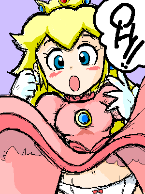 princess peach, mario (series), nintendo, super mario bros. 1, artist request, lowres, 1girl, blonde hair, blue eyes, blush, bow, bow panties, crown, dress, embarrassed, female focus, gloves, open mouth, panties, pink dress, purple background, solo, surprised, underwear, white panties