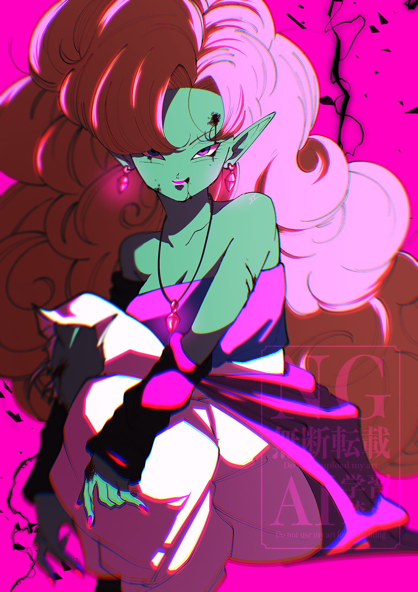 stktik09060906, zangya, dragon ball, dragonball z, fluffy hair, highres, 1girl, bare shoulders, breasts, cleavage, colored skin, earrings, electricity, eyelashes, green skin, jewelry, medium breasts, pants, pendant, purple background, purple lips, purple tube top, simple background, solo, strapless, tube top, white pants