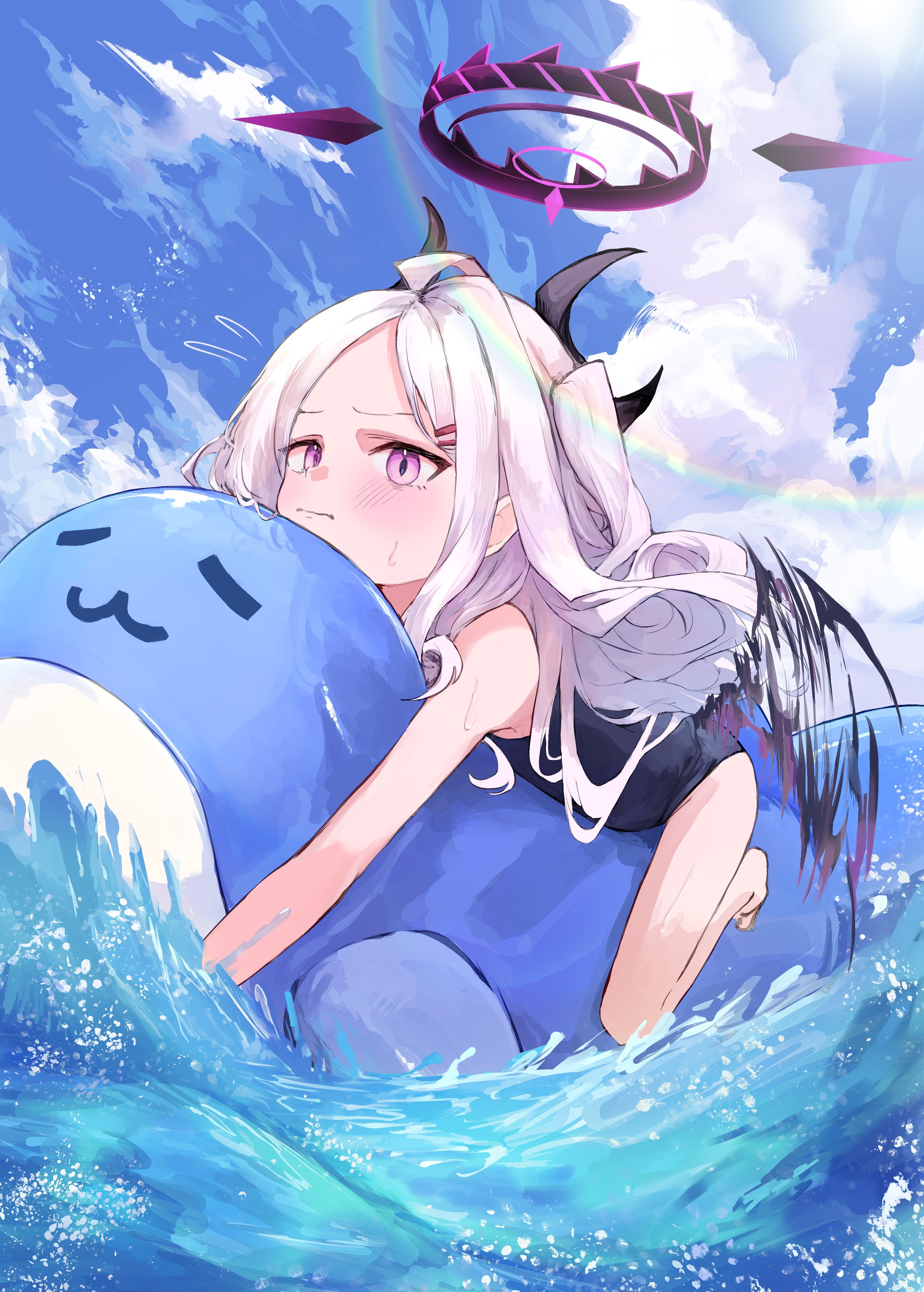 shimeji take, hina (blue archive), hina (swimsuit) (blue archive), blue archive, absurdres, highres, 1girl, ahoge, black halo, blue sky, blush, day, demon girl, demon horns, demon wings, halo, horns, long hair, looking at viewer, ocean, old school swimsuit, outdoors, purple eyes, school swimsuit, sky, solo, swimsuit, very long hair, white hair, wings
