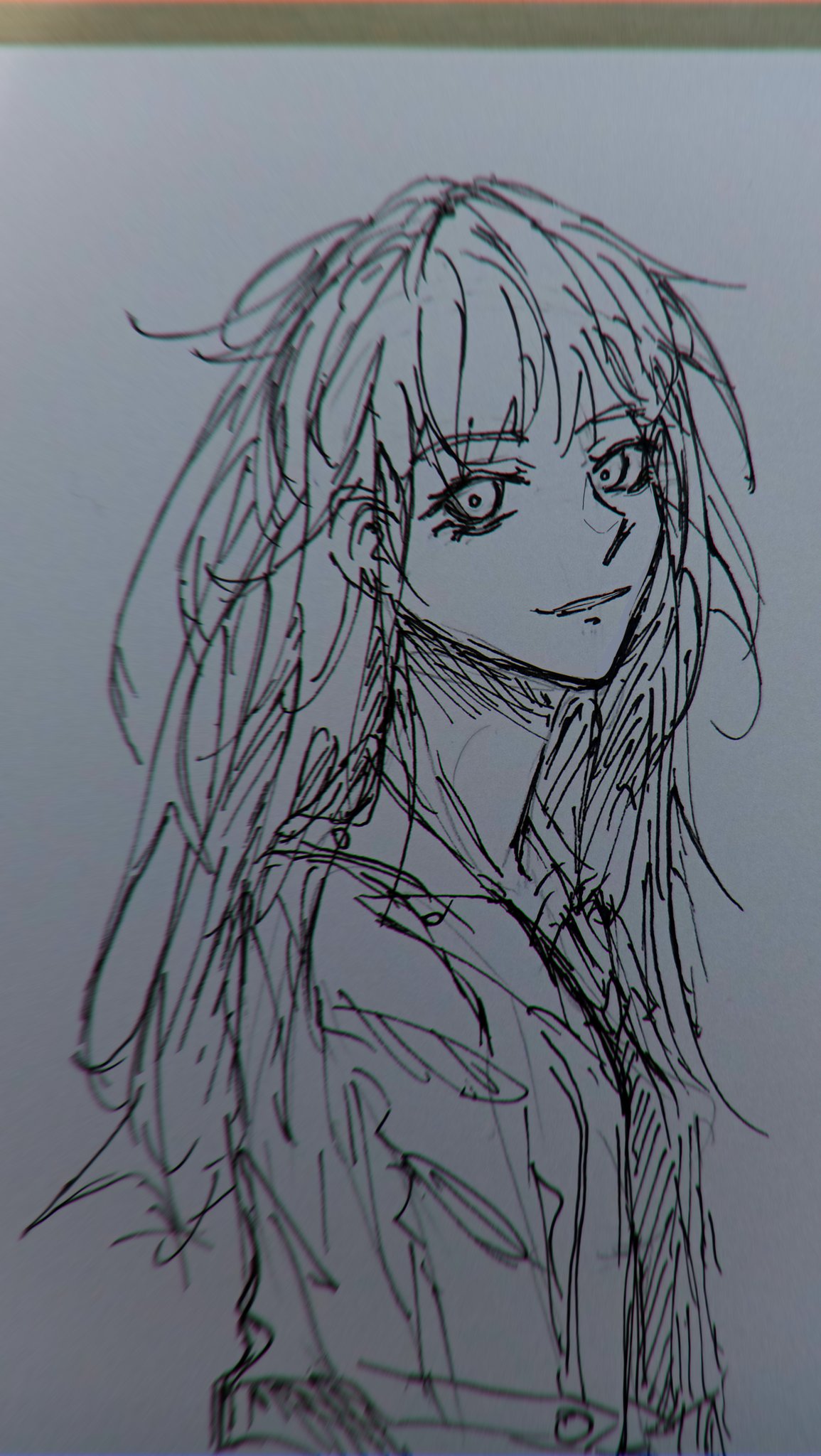 original, commentary, english commentary, highres, pen (medium), traditional media, unfinished, 1girl, dyaursie00, from side, grey background, greyscale, jacket, looking at viewer, messy hair, monochrome, parted lips, portrait, simple background, sketch, solo