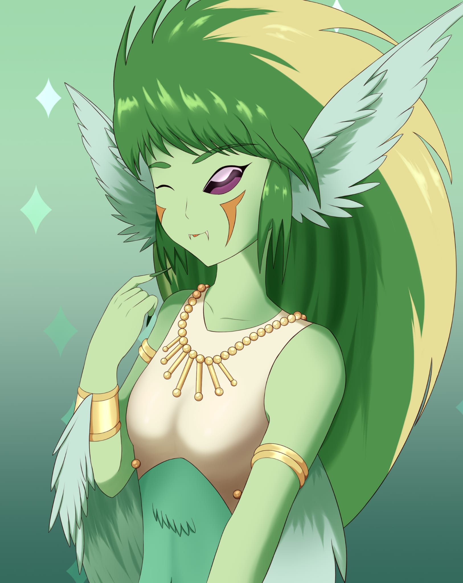 bakuman, highres, 1girl, closed eyes, colored skin, dress, female focus, green background, green hair, green skin, harpus, long hair, upper body, wings