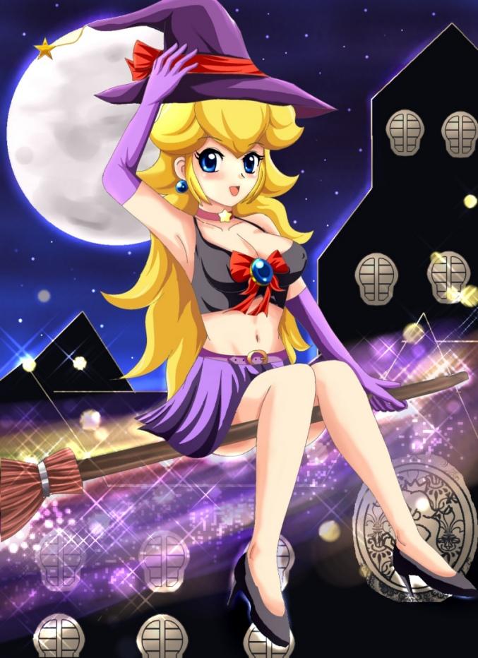 sigurd hosenfeld, princess peach, mario (series), nintendo, super mario bros. 1, 1girl, blonde hair, breasts, broom, cleavage, earrings, elbow gloves, gloves, halloween, hat, high heels, jewelry, long hair, midriff, moon, navel, night, no socks, open mouth, purple gloves, smile, star (sky), star (symbol), witch hat