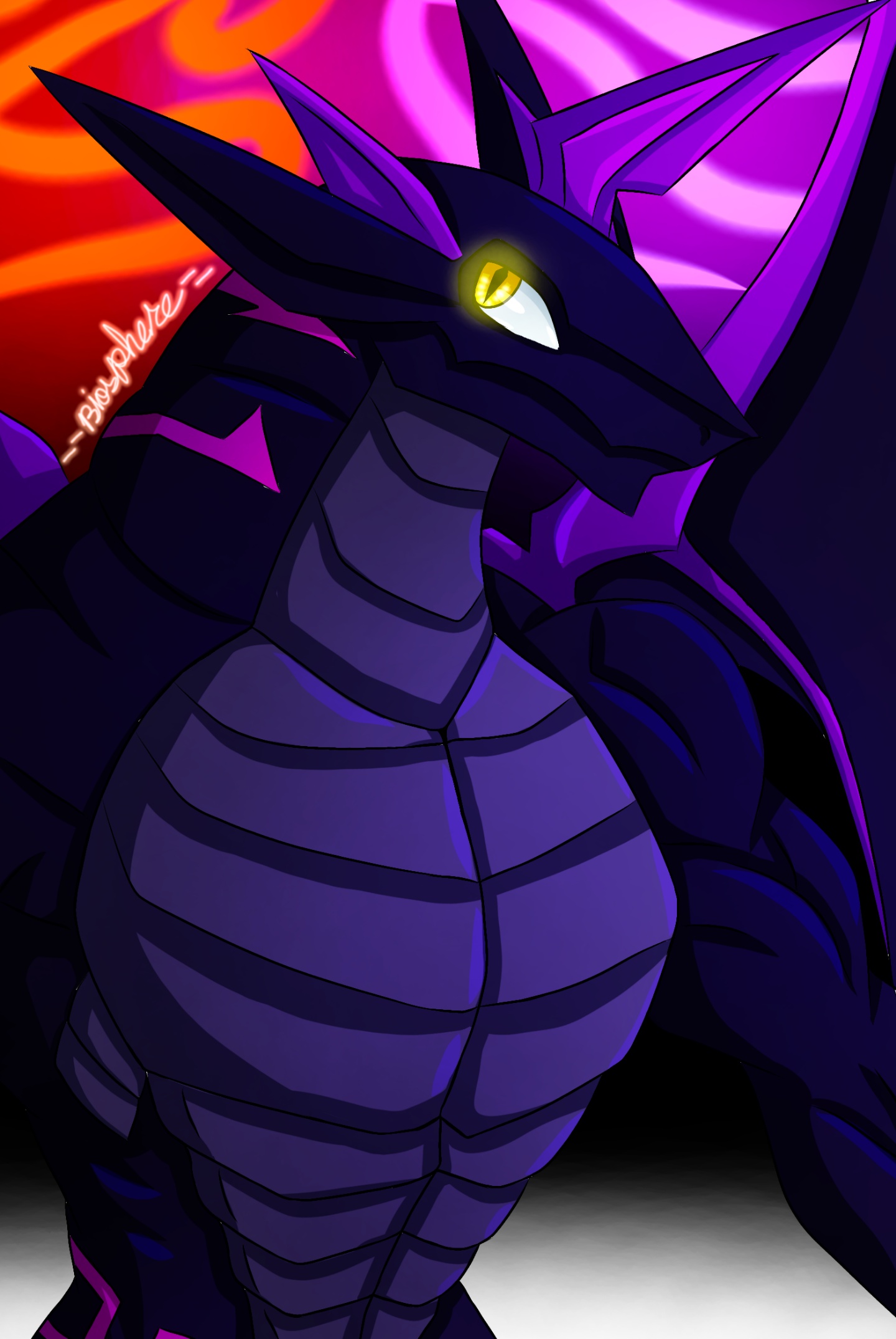 bakugan, highres, colored skin, horns, leonidas (bakugan), looking at viewer, monster, purple skin, smile, upper body, wings, yellow eyes