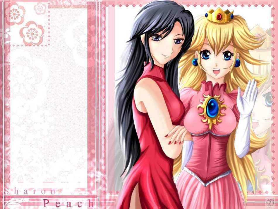 princess peach, sharon (guilty gear), guilty gear, mario (series), nintendo, super mario bros. 1, 2girls, black hair, blonde hair, blue eyes, china dress, chinese clothes, crown, dress, elbow gloves, gloves, multiple girls, nail polish, open mouth, pink dress, red dress, smile, waving, white gloves, zoom layer
