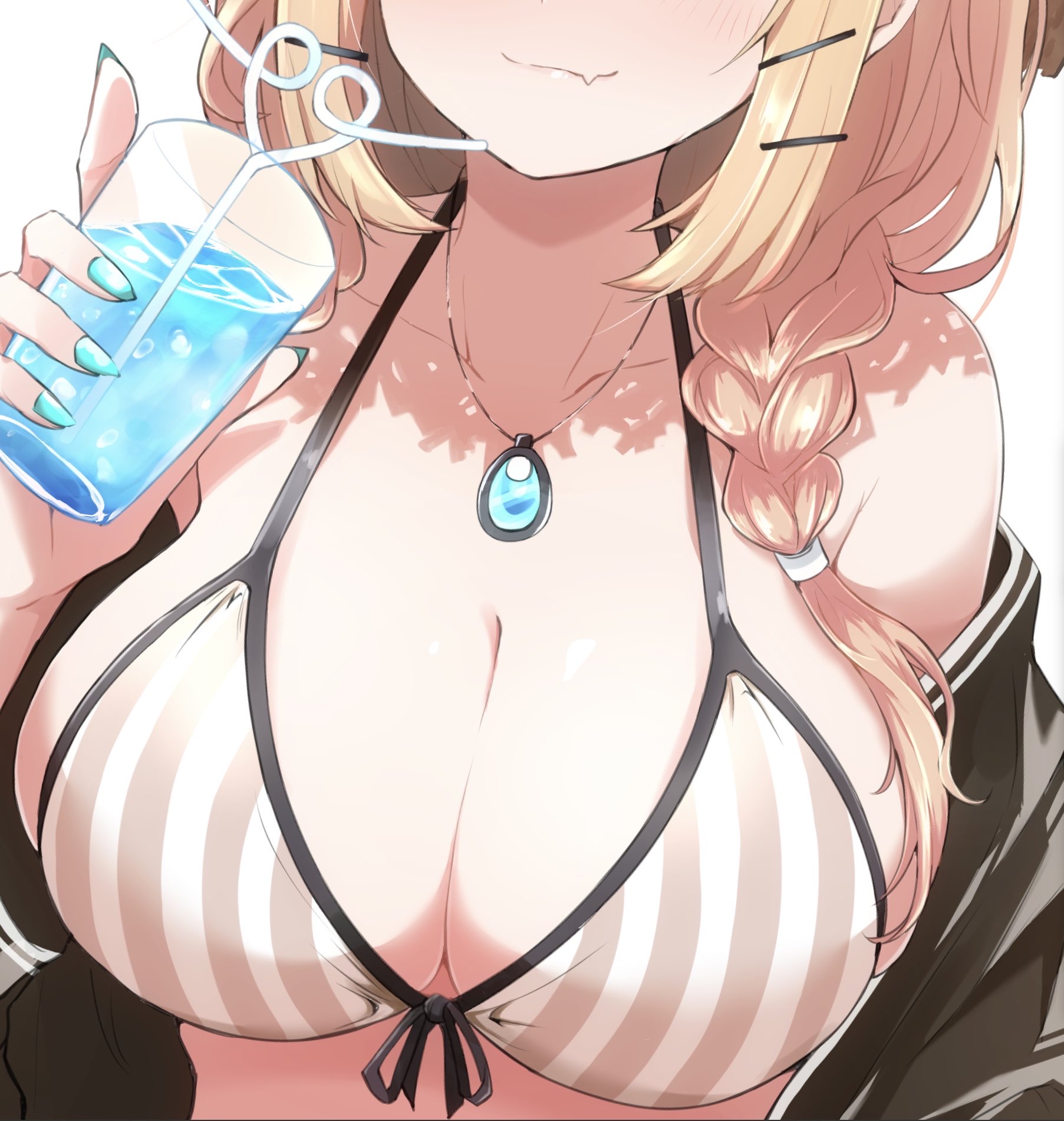 heka=ton, utage (arknights), utage (summer flowers) (arknights), arknights, commentary, highres, redrawn, 1girl, bikini, black jacket, blonde hair, blue gemstone, blue nails, blush, braid, breast focus, breasts, cleavage, close-up, closed mouth, crazy straw, cup, drink, drinking straw, eyes out of frame, facing viewer, fang, front-tie bikini top, front-tie top, gem, hair ornament, hairclip, head out of frame, heart straw, holding, holding cup, jacket, jewelry, large breasts, low twin braids, medium hair, nail polish, necklace, off shoulder, official alternate costume, open clothes, open jacket, pendant, simple background, skin fang, smile, solo, striped bikini, striped clothes, swimsuit, twin braids, upper body, vertical-striped bikini, vertical-striped clothes, white background
