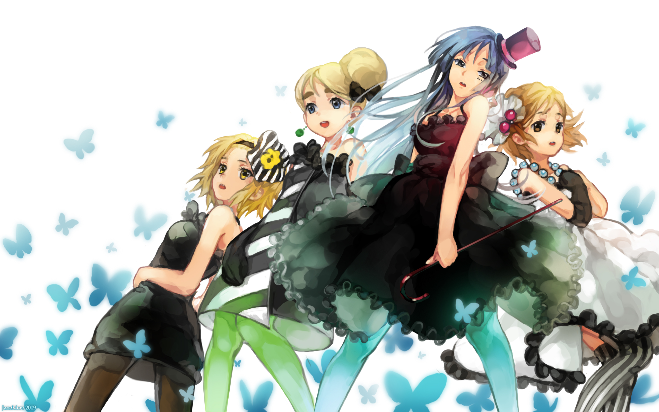 jane mere, akiyama mio, hirasawa yui, kotobuki tsumugi, tainaka ritsu, don't say "lazy", k-on!, striped legwear, vertical-striped legwear, highres, 00s, 4girls, bare shoulders, black hair, blonde hair, blue pantyhose, blunt bangs, brown eyes, brown hair, dress, earrings, elbow gloves, gloves, green pantyhose, hairband, hat, hime cut, ho-kago tea time, jewelry, long hair, mini hat, mini top hat, multiple girls, pantyhose, short hair, socks, striped clothes, striped thighhighs, thighhighs, top hat, vertical-striped clothes, vertical-striped thighhighs